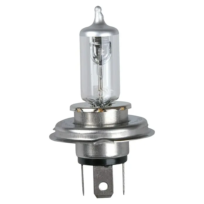 UniTEC Hauptscheinwerfer-Lampen XENON Mega White - H4, 2 Stk. - Abbildung einer H4-Halogenlampe, die in Autos verwendet wird und ein klares Design mit Metallsockel hat.