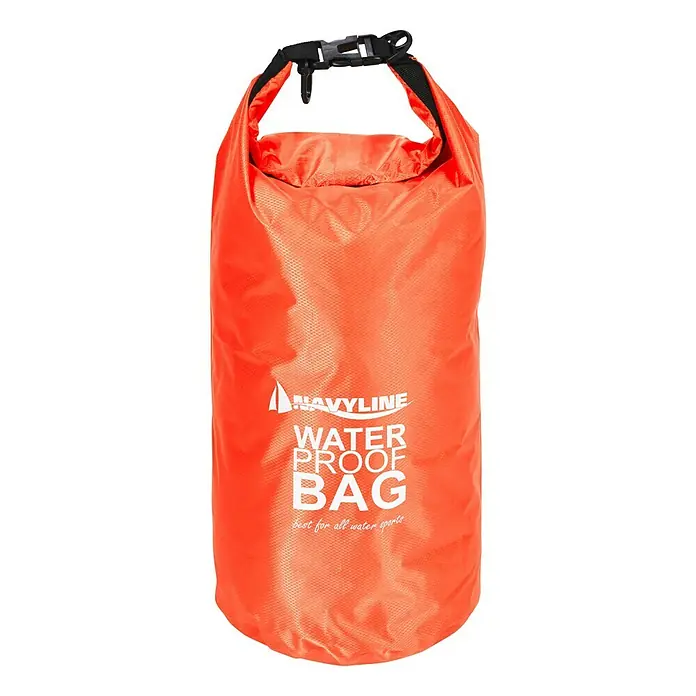 Navyline Drybag - 10 l, Orange - Orangefarbener wasserdichter Navyline-Sack mit schwarzem Clipverschluss und weißem Logo-Aufdruck.