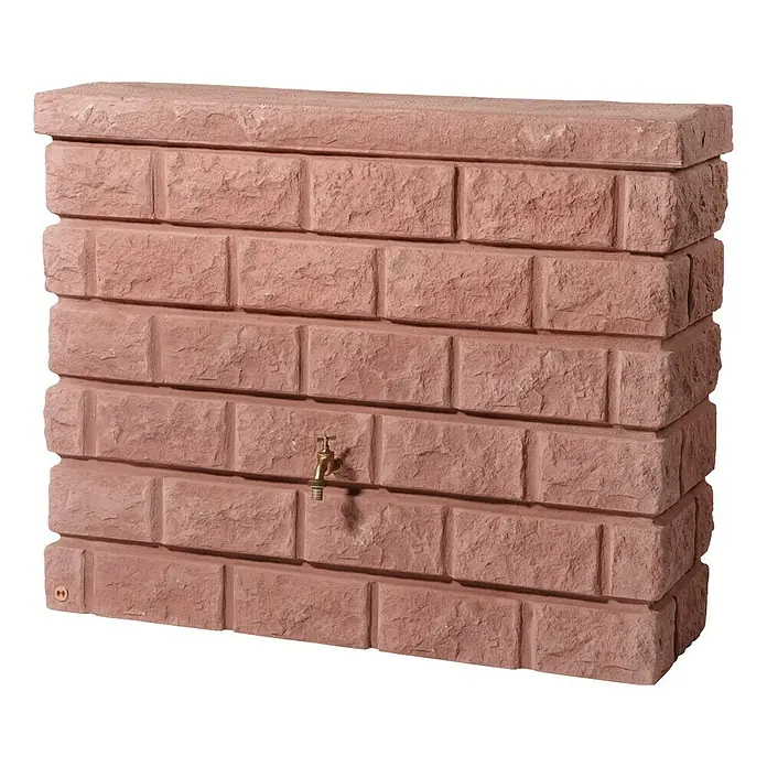 Garantia Exklusive Line Regenspeicher Rocky - 400 l, Redstone - Ein detailreiches Foto eines Regenspeichers in Steinoptik, der eine rustikale Eleganz für jeden Garten bietet.