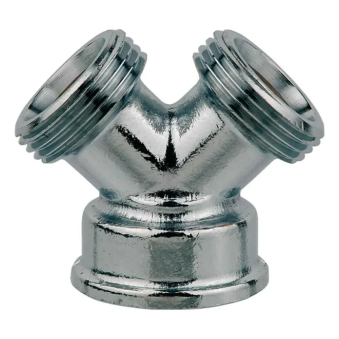 Verteilerstück - ¾″, Verchromt - Das Bild zeigt ein glänzendes, verchromtes Y-Stück für Sanitärinstallationen, das sich ideal für die Verteilung von Wasser eignet.