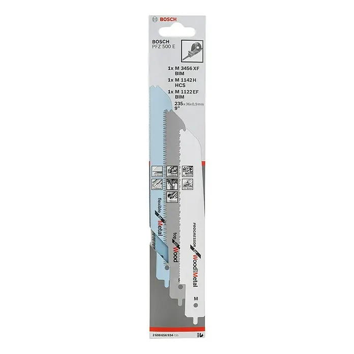Bosch Säbelsägeblatt-Set - Holz/Metall/Kunststoff, 3 -tlg. - Bosch PFZ 500 E Säbelsägeblätter-Set mit verschiedenen Blättern für Holz und Metall, ideal für vielseitige Sägearbeiten.