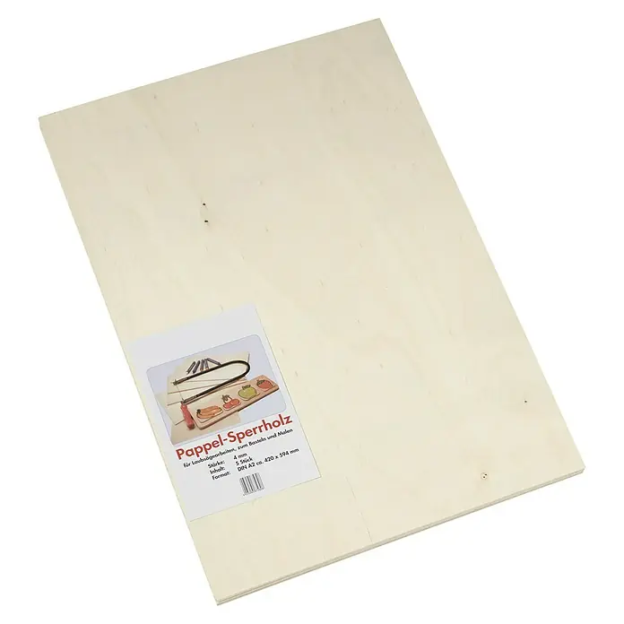 Sperrholz - Pappel, Format A2, 594 x 420 x 4 mm, 5 Stk. - Ein helles Pappelsperrholzbrett, ideal zum Basteln und für Laubsägearbeiten, mit einem Etikett, das Details wie Stärke und Format angibt.
