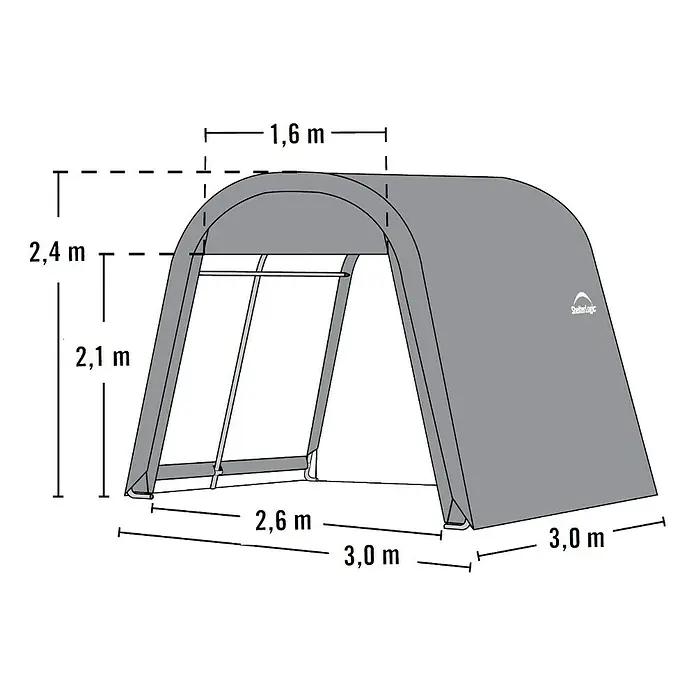 ShelterLogic Gerätehaus - Außenbreite inkl. Dachüberstand: 300 cm, Außentiefe inkl. Dachüberstand: 300 cm, Stahl, Grau - Abbildung eines ShelterLogic-Lagerschuppens mit Größenangaben, ideal für die Lagerung im Freien.