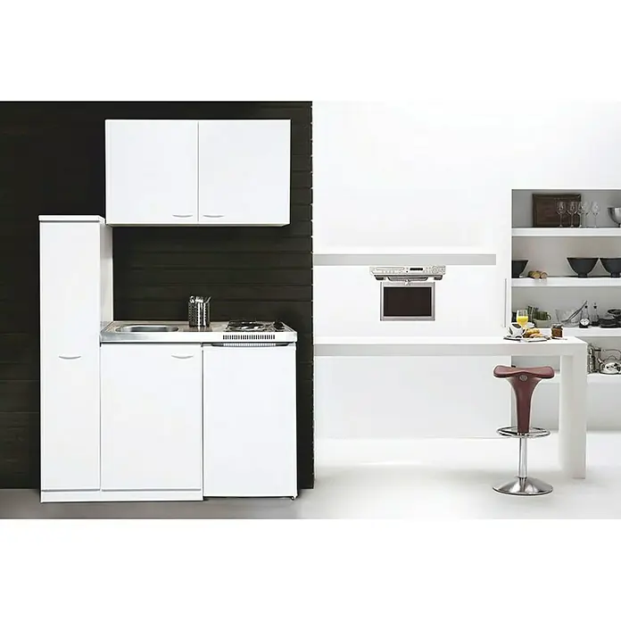 Respekta Minicocina Levin - 130 cm, Blanco, Vitrocerámica y frigorífico - Cocina americana blanca con taburete y toques negros. La cocina americana ofrece almacenamiento, fregadero y hornillo en un diseño compacto.
