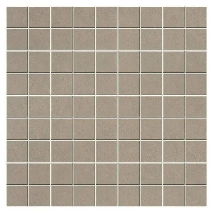 Ambiente by Palazzo Mosaikfliese - 30 x 30 cm, Taupe, Matt - Nahaufnahme von quadratischen, beigen Keramikfliesen mit weißen Fugen, die eine gleichmäßige und moderne Oberfläche bilden.
