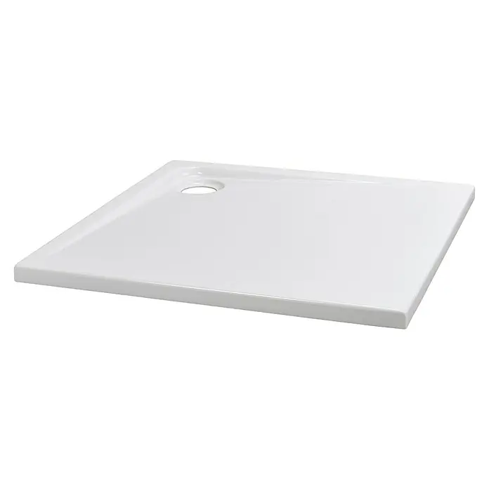 Duschwanne - L x B: 90 x 90 cm, Kunststoff, Weiß, Form Wanne: Quadratisch - Rechteckige, flache Duschwanne in Weiß mit einem runden Abflussloch für moderne Badezimmer.\n
