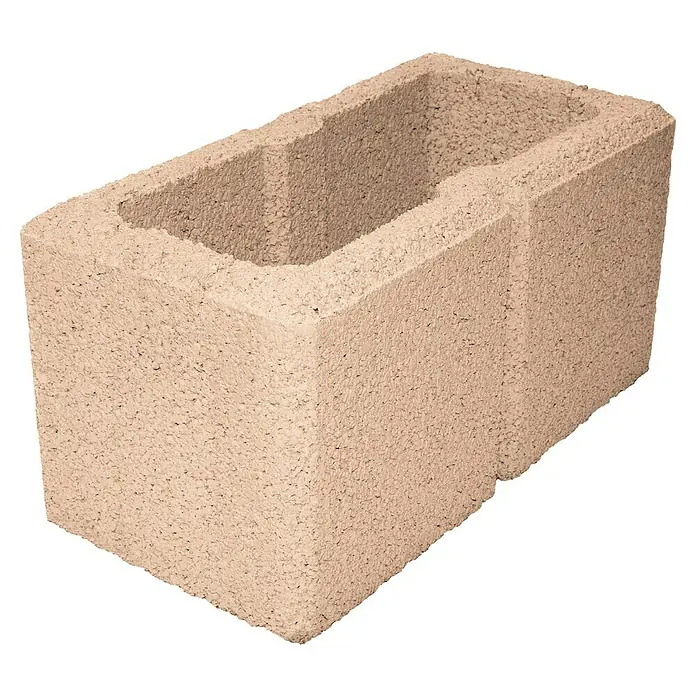 Christoph Gartenmauer Ambienta - 40 x 20 x 20 cm, Mediterran, Beton - Nahaufnahme eines einzelnen beigen Betonhohlblocks mit zwei Löchern, der in der Bauindustrie zum Mauern verwendet wird.