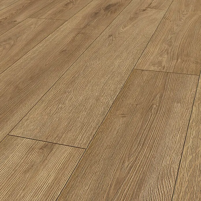 Krono Original Laminatmuster Organic Clever Silent Hillside Oak - 297 x 195 x 7 mm, Landhausdiele - Nahaufnahme von Laminatboden in warmen Holztönen mit markanter Maserung und Fugen, ideal für Wohnräume.