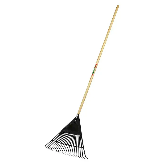 Gardol Laubbesen - Arbeitsbreite: 55 cm, Anzahl Zinken: 22, Langstiel - Eine Laubharke mit schwarzem Kopf und einem langen Holzstiel zum Aufsammeln von Laub und Gartenabfällen.
