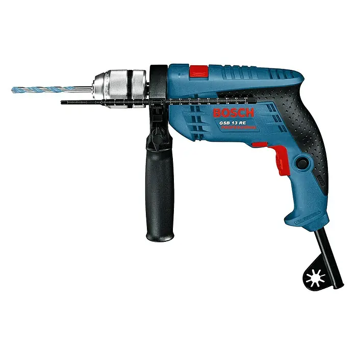 Bosch Professional Schlagbohrmaschine GSB 13 RE - 600 W, Schnellspannbohrfutter - Bohrmaschine Bosch GSB 13 RE mit blauem Gehäuse, rotem Schalter und schwarzem Griff für präzise Bohrarbeiten. Kompaktes Werkzeug für Profis.