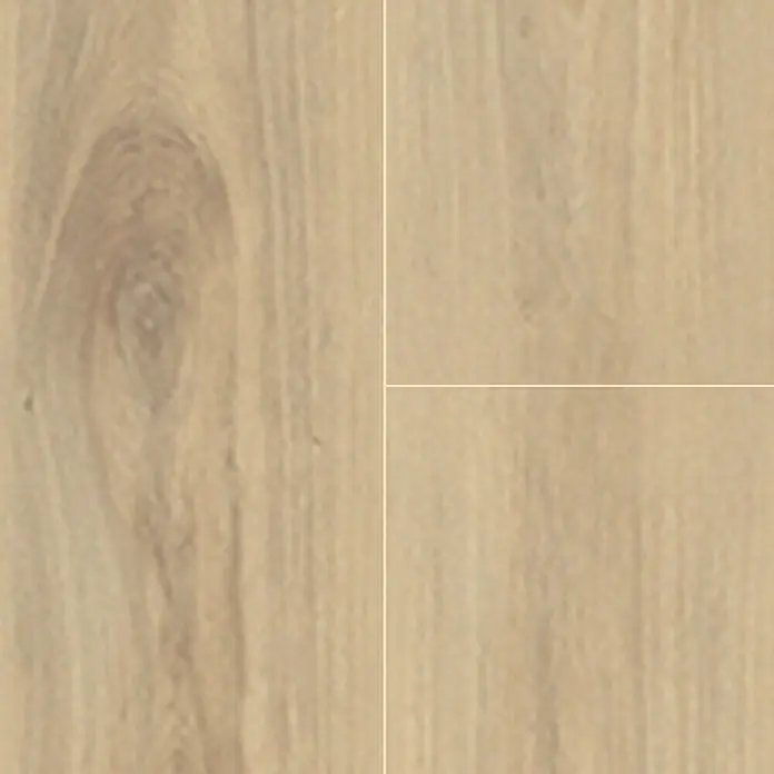 Krono Original Laminat Organic Clever - Organic Oak, Landhausdiele, 1.288 x 195 x 6 mm - Nahaufnahme eines Holzfußbodens mit Maserung und Ästen, ideal für ein warmes und natürliches Raumambiente.