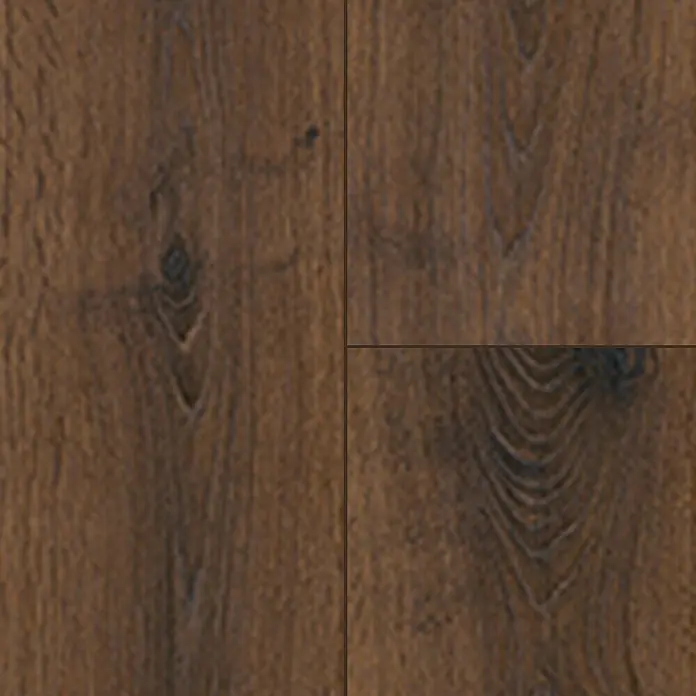 Krono Original Laminat Organic Clever - Bourbon Hills Oak, Landhausdiele, 1.288 x 195 x 6 mm - Nahaufnahme von dunklen Holzdielen, die die Maserung und Textur des Materials hervorheben. Ideal für Bodenbeläge.