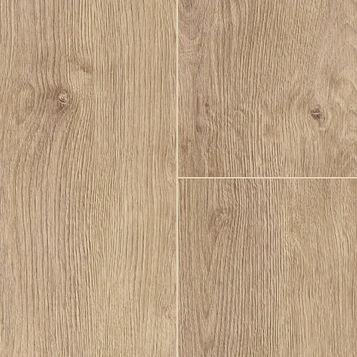 Krono Original Laminat Organic Flex - Sand River Oak, Landhausdiele, 1.288 x 189 x 7 mm - Detailaufnahme von vier Paneelen hellbraunen Laminatbodens mit natürlicher Holzmaserung und Astlöchern.
