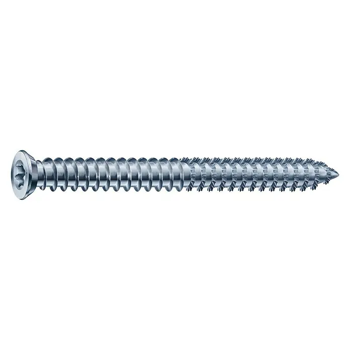 Spax Rahmenanker T-STAR plus - Ø x L: 7,5 x 100 mm, WIROX Oberfläche, 6 Stk., Vollgewinde - Das Bild zeigt eine Spax-Schraube mit einem Senkkopf und einem Torx-Antrieb auf einem weißen Hintergrund. Die Schraube ist silbern und hat ein Gewinde.