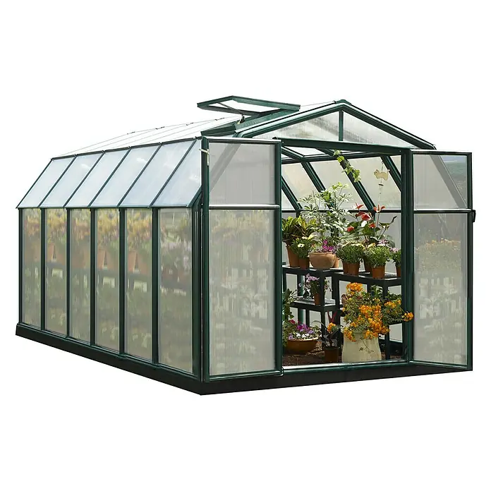 Palram – Canopia Invernadero Hobby Gardener - Medidas ext. (An x Pr): 266 x 391 cm, 6 mm, Verde - Un invernadero espacioso con estantes para plantas, perfecto para cultivar diversas plantas y verduras en tu jardín.