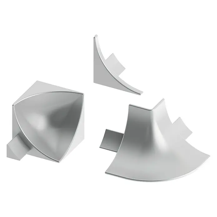 Randfugen-Ecke - Silber, 12 mm - Nahaufnahme von drei silberfarbenen Eckschutzprofilen in verschiedenen Formen.