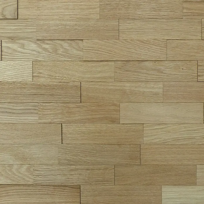 Wodewa Holzriemchen 200 Eiche Natur - L x B: 200 x 50 mm, 2 mm - 6 mm, Max. Anwendungsfläche: 1 m², Strukturiert UV-geölt - Elegante Wandverkleidung aus hellem Holz. Die Holzpaneele sind in verschiedenen Längen angeordnet und erzeugen ein warmes und natürliches Ambiente im Raum.