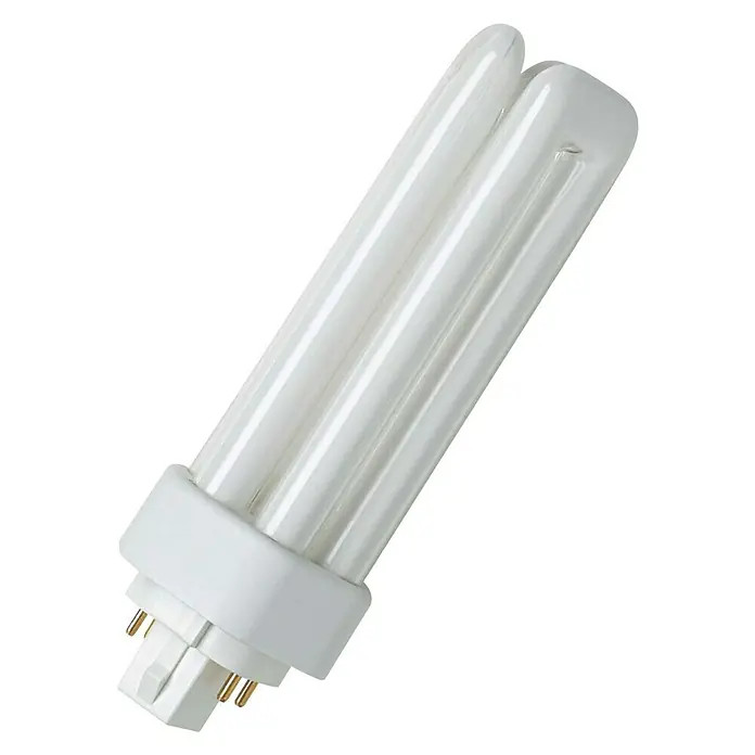 Osram Energiesparlampe Dulux T/E Interna - 26 W, GX24q-3, Kaltweiß - Nahaufnahme einer weißen Kompaktleuchtstofflampe mit Stiftsockel, ideal für energieeffiziente Beleuchtungslösungen.