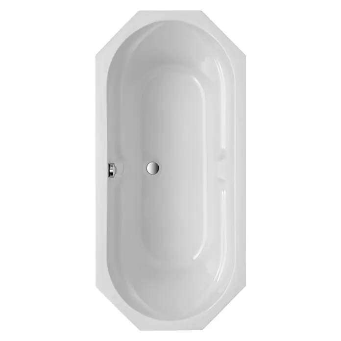 Ottofond Badewanne Dakar - 170 x 75 cm, Sanitäracryl, Weiß - Aufnahme einer weißen Eckbadewanne mit glänzender Oberfläche und einem runden Abflussloch in der Mitte.