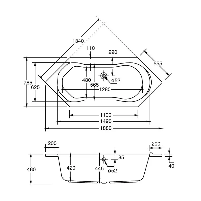 Ottofond Badewanne Rochelle - 190 x 80 cm, Sanitäracryl, Weiß - Technische Zeichnung einer Eckbadewanne mit Maßen und Abmessungen für die Installation und Planung im Badezimmer.
