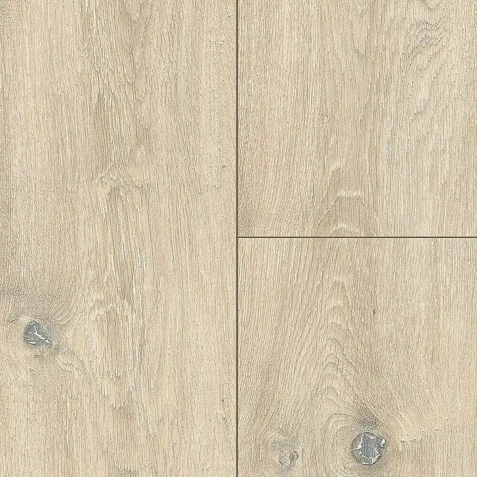 Krono Original Laminat Organic Clever Colorado Oak1.288 x 195 x 6 mm, Landhausdiele, Colorado Oak - Dieses Bild zeigt ein Muster aus hellem Laminatboden in Holzoptik, das aus vier quadratischen Dielen besteht. Perfekt für moderne Wohnräume.