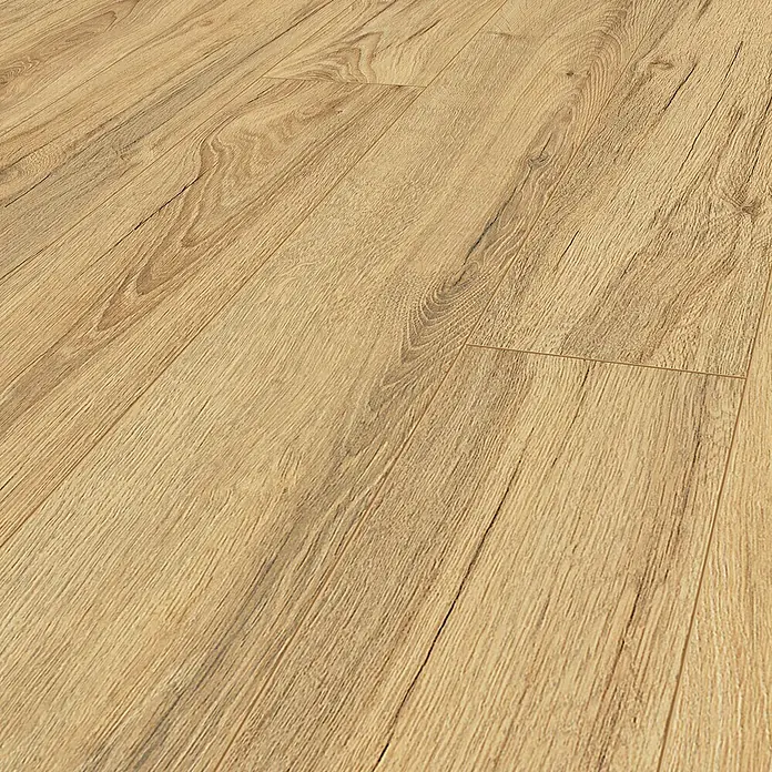 Krono Original Laminat Super Natural - Armoury Oak, Landhausdiele, 1.288 x 195 x 8 mm - Nahaufnahme von Laminatboden in warmen Holztönen, der eine natürliche und gemütliche Atmosphäre vermittelt. Das Laminat ist robust und pflegeleicht.