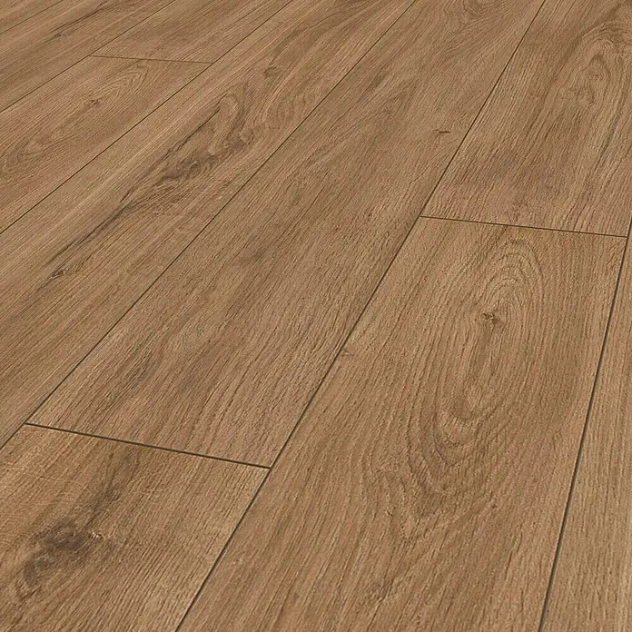 Krono Original Laminat Super Natural - Gondola Oak, Landhausdiele, 1.288 x 195 x 8 mm - Nahaufnahme von hellem, glänzendem Laminatboden.