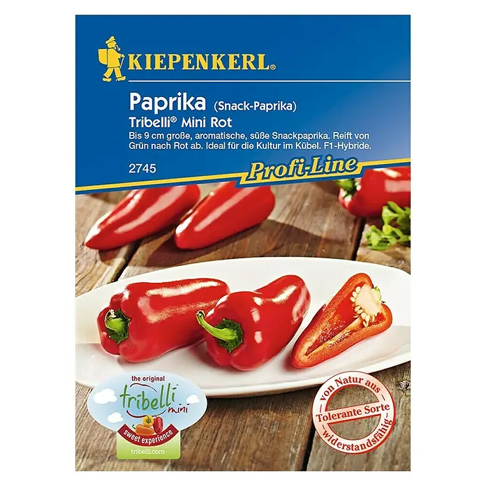 Kiepenkerl Profi-Line Gemüsesamen Paprika Tribelli Mini - Capsicum annuum, Erntezeit: Juli - Samentüte mit einer Abbildung von Kiepenkerl Tribelli Mini Rot Paprika, einer süßen und aromatischen Snackpaprika.