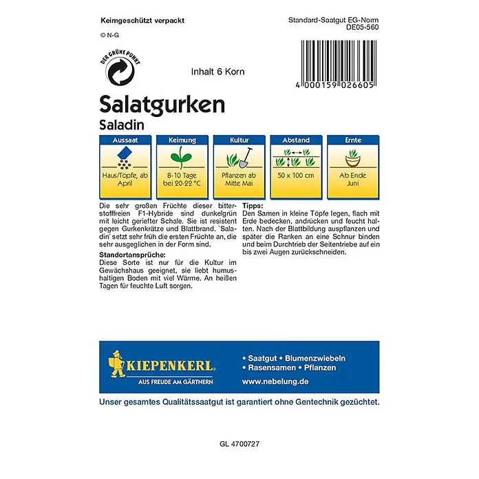 Kiepenkerl Profi-Line Gemüsesamen Gurke Saladin F1 - Cucumis sativus, Erntezeit: Juni - Bild einer 'Saladin' Salatgurken-Samenpackung von Kiepenkerl, die eine ertragreiche, resistente Sorte für den Gewächshausanbau verspricht.
