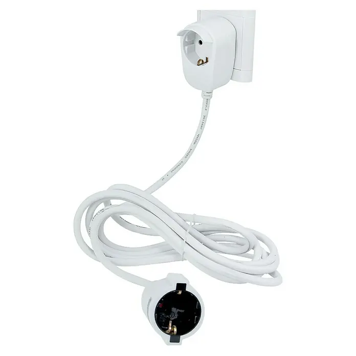 REV Verlängerungskabel Powersplit - 5 m, Weiß, IP20, H05VV-F - Weißes Stromkabel mit Schutzkontaktstecker und -kupplung, ideal für den flexiblen Einsatz elektronischer Geräte.