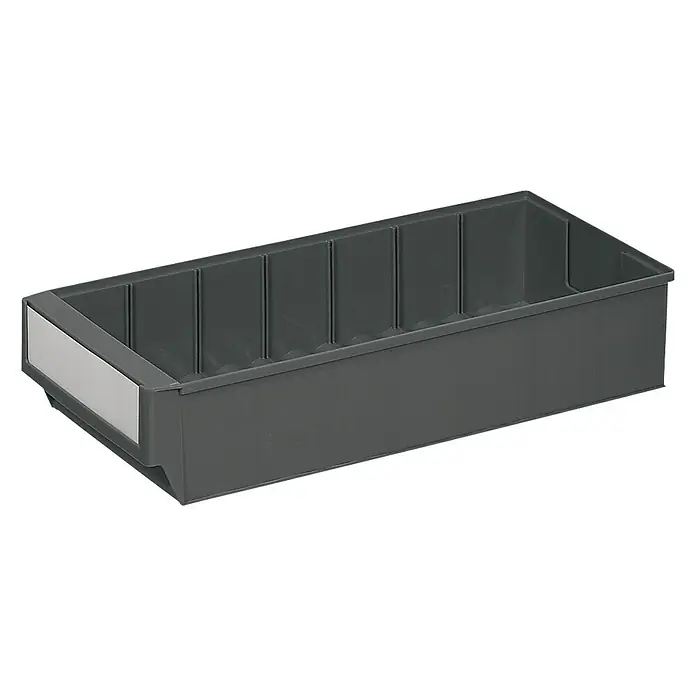 Lockweiler Sichtlagerkasten LB 400 D - 400 x 183 x 81 mm, Eisengrau - Ein grauer Lagerbehälter mit Fächern, ideal für die Aufbewahrung von Kleinteilen in Werkstatt oder Lager. Praktisch und robust.