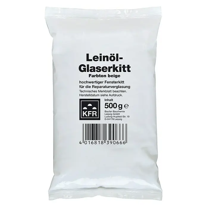 Decotric Leinöl-Glaserkitt - 0,5 kg, Beige - Abbildung einer Packung Leinöl-Glaserkitt Farbton beige, 500g, von Baufan Bauchemie, ein hochwertiger Fensterkitt zur Reparaturverglasung.