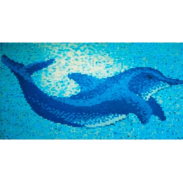 Mosaikfliese Delphin groß GM K 37P - 160 x 110 cm, Blau/Weiß, Matt - Blaues Delphinmosaik-Kunstwerk. Lebendige, quadratische Mosaiksteine bilden einen springenden Delfin, perfekt für maritime Dekorationen.