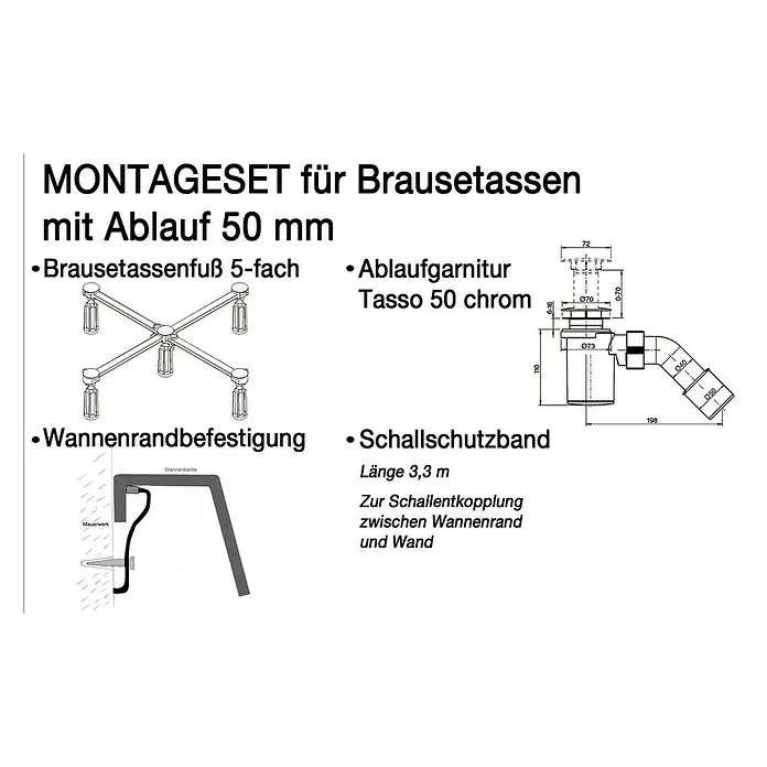 Ottofond Montage-Set - 4 -tlg., Geeignet für: Duschwannen mit Ablauf 50 mm - Montage-Set für Brausetassen mit Ablauf 50 mm. Inklusive Brausetassenfuß, Ablaufgarnitur, Wannenrandbefestigung und Schallschutzband.