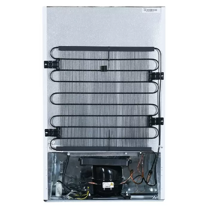 Wolkenstein Kühl-Gefrierkombination WKS125.4EEB - Nutzinhalt Gesamt: 118 l, 54 x 54 x 88 cm, Weiß - Rückseite eines Kühlschranks mit schwarzen Kondensatorschlangen und Kompressoreinheit.