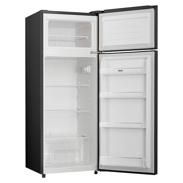PKM Kühl-Gefrierkombination GK210 2 SB - Nutzinhalt Gesamt: 206 l, 54,5 x 54 x 143 cm, Schwarz - Schwarzer Top-Gefrierkühlschrank mit geöffneten Türen, der leeren weißen Innenraum, Regale und Gemüsefach zeigt.