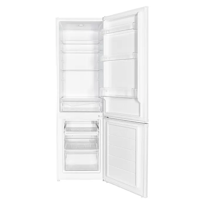 PKM Kühl-Gefrierkombination KGK262EW - Nutzinhalt Gesamt: 262 l, 56 x 55 x 180 cm, Weiß - Weißer Kühlschrank mit geöffneten Türen, der transparente Einlegeböden und Gefrierschubladen zeigt.