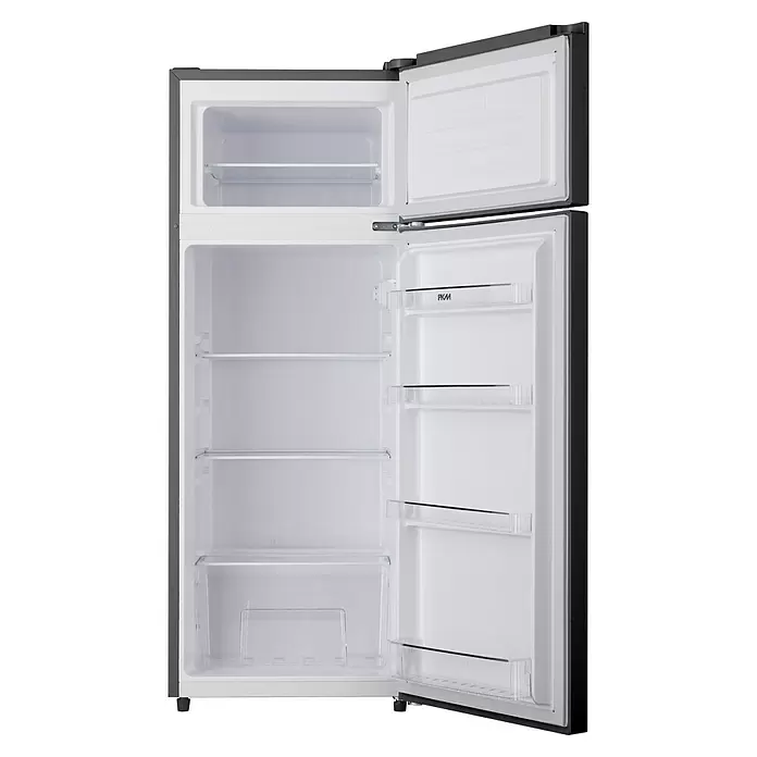 PKM Kühl-Gefrierkombination GK210 2 SB - Nutzinhalt Gesamt: 206 l, 54,5 x 54 x 143 cm, Schwarz - Offener zweitüriger Kühlschrank mit dunkelgrauer Außenseite und weißem Innenraum, mit transparenten Einlegeböden und Türablagen.