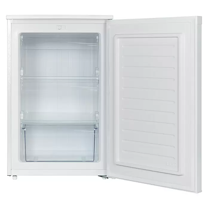 PKM Tiefkühlschrank GS98EW - Nutzinhalt Gesamt: 98 l, 55,6 x 54,6 x 84,7 cm, Weiß - Weißer offener Gefrierschrank mit transparenten Innenfächern und Schubladen.