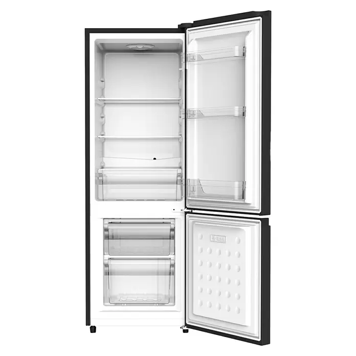 PKM Kühl-Gefrierkombination KG173CB - Nutzinhalt Gesamt: 123 l, 52 x 50 x 145 cm, Schwarz - Offener schwarzer Kühlschrank mit weißem Innenraum, klaren Ablagen und Gefrierschubladen.