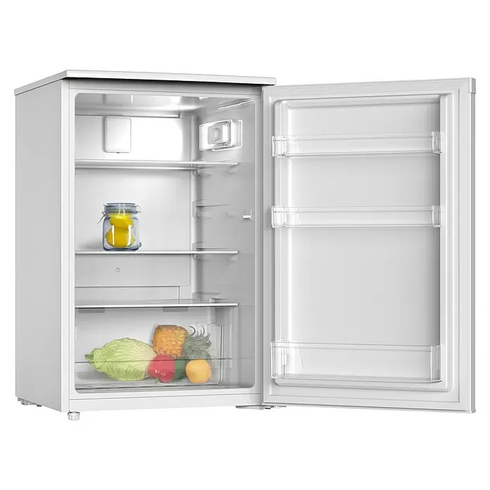 PKM Vollraumkühlschrank KS128EW - Nutzinhalt Gesamt: 128 l, 55,6 x 54,6 x 84,7 cm, Weiß - Offener weißer Minikühlschrank mit verschiedenen Obst- und Gemüsesorten in den Fächern.