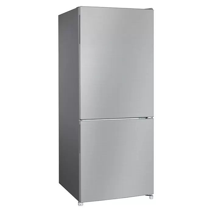 PKM Kühl-Gefrierkombination KG117ES - Nutzinhalt Gesamt: 117 l, 49,5 x 47 x 114 cm, Silber - Silberner, zweitüriger Kühlschrank mit gebürsteter Metalloberfläche und integrierten Griffen.