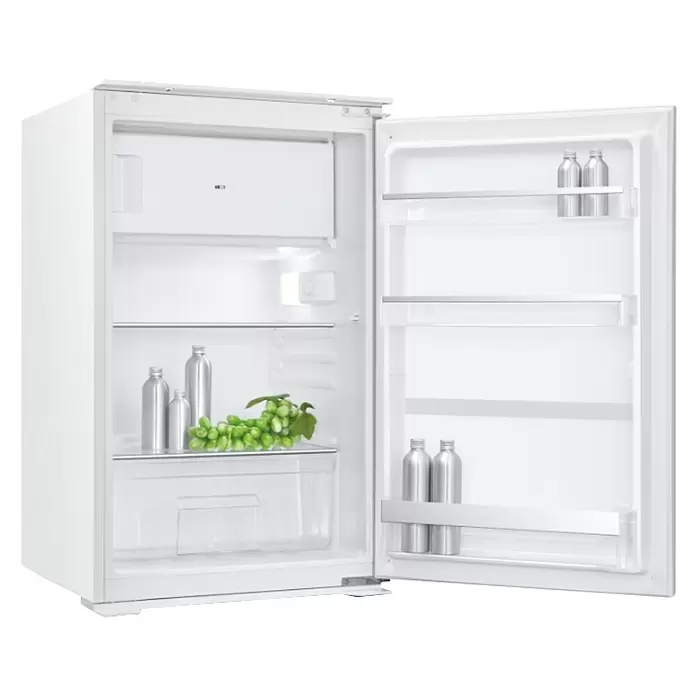 Wolkenstein Kühl-Gefrierkombination WKS125.4EEB - Nutzinhalt Gesamt: 118 l, 54 x 54 x 88 cm, Weiß - Weißer Minikühlschrank, offen, mit Innenfächern, Gefrierfach, silbernen Flaschen und grünen Trauben.