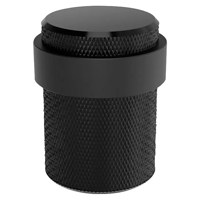 Walteco Bodentürstopper - Ø x H: 34 x 40 mm, Metall - Schwarzer zylindrischer Türstopper mit gerändelter Textur am Körper und am oberen Rand.