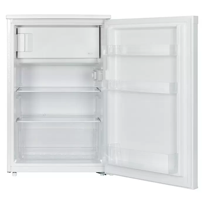 PKM Kühl-Gefrierkombination KS115EW - Nutzinhalt Gesamt: 115 l, 55,6 x 54,6 x 84,7 cm, Weiß - Offener weißer Minikühlschrank mit Innenregalen und Türfächern.