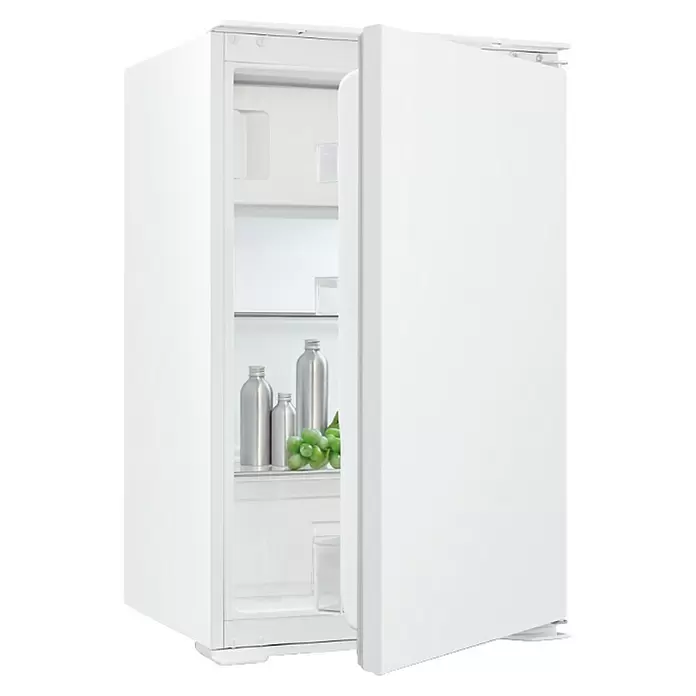 Wolkenstein Kühl-Gefrierkombination WKS125.4EEB - Nutzinhalt Gesamt: 118 l, 54 x 54 x 88 cm, Weiß - Weißer Kühlschrank mit offener Tür, der das Innenleben mit Flaschen und Trauben zeigt.