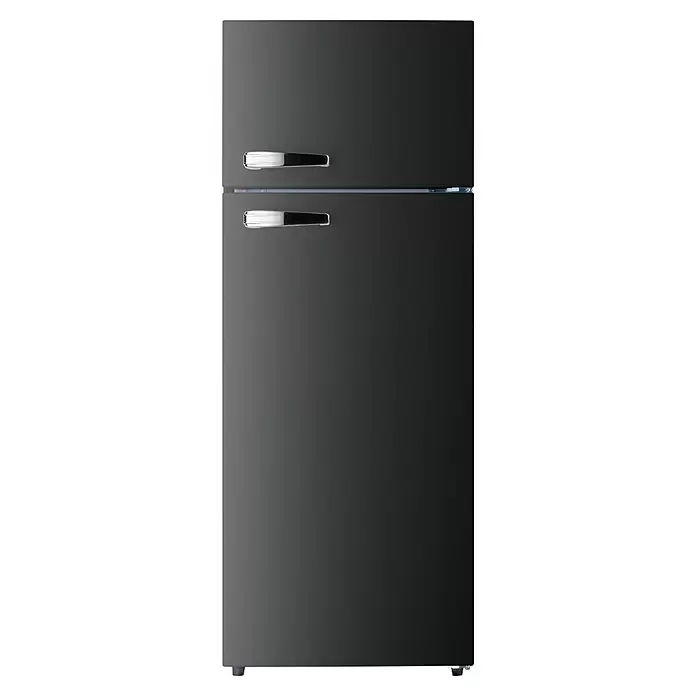 PKM Kühl-Gefrierkombination GK210 2 SB - Nutzinhalt Gesamt: 206 l, 54,5 x 54 x 143 cm, Schwarz - Dunkelgrauer Retro-Kühlschrank mit zwei Türen und Chromgriffen.
