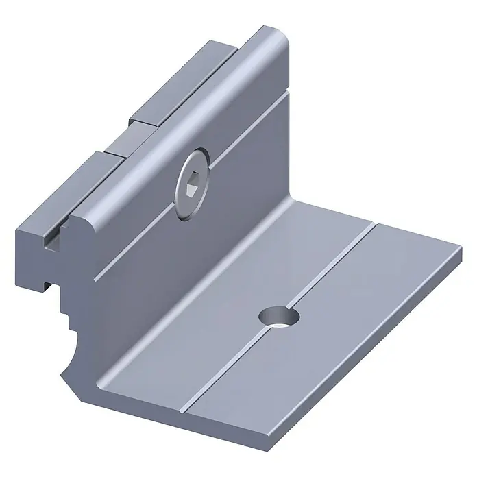 Kantoflex Coaxis Befestigungsflansch - 23,5 x 50 mm, Aluminium, Traglast: 25 kg, Passend für: Coaxis Säulenprofile, Unbehandelt - Nahaufnahme einer Aluminiumhalterung, die zur Befestigung von Solarmodulen dient. Befestigungselement mit Schraube und Loch für die Installation.
