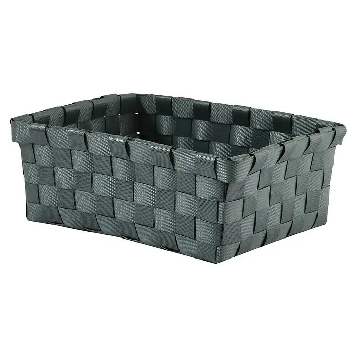 Spirella Allzweck-Korb - L x B x H: 19 x 14 x 8 cm, Grau - Nahaufnahme eines rechteckigen, gewebten Aufbewahrungskorbs aus grauem Kunststoff, der Ordnung und Stil in jedes Zuhause bringt.