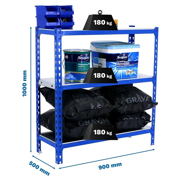Simonrack Simonclick Metallregal Simonclick Plus - H x B x T: 100 x 90 x 50 cm, Traglast pro Boden: 180 kg, Anzahl Böden: 3 Stk., Stecken, Blau/Silber - Ein blaues Regal mit drei Ebenen, beladen mit Farbeimern, Sandsäcken und kleinen blauen Behältern. Die Abmessungen sind deutlich dargestellt.